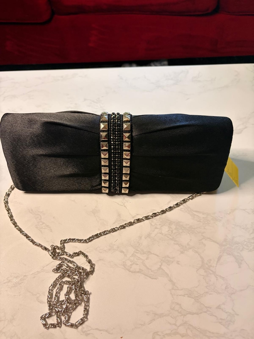Black Satin Stud-Embellished Evening Clutch with Chain